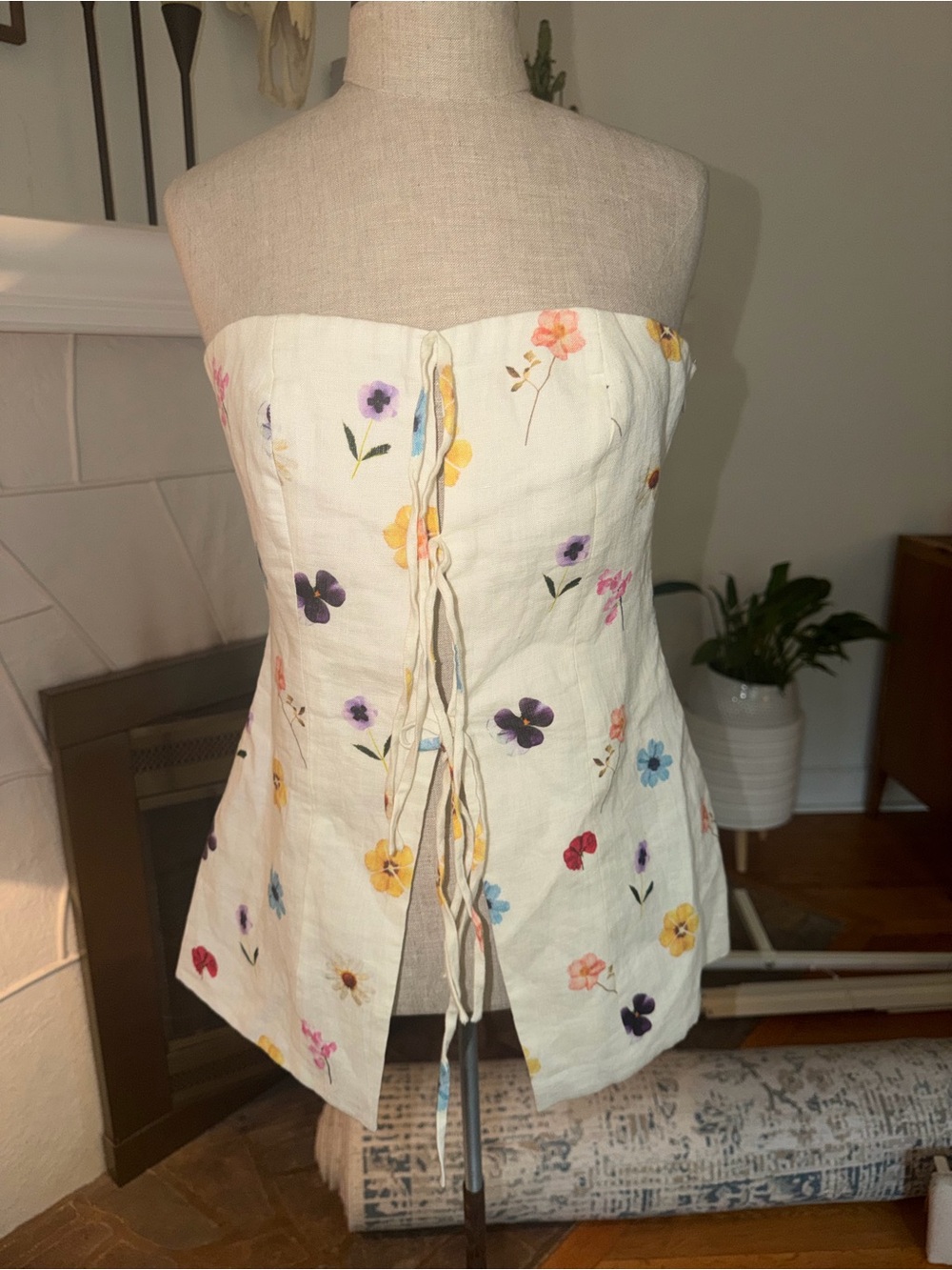 Strapless Summer Away Floral Linen Corset strapless Top - white